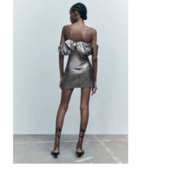 Zara Metallic Silver Spaghetti Strap Mini Dress Ruffle Neckline Small - Picture 2 of 10